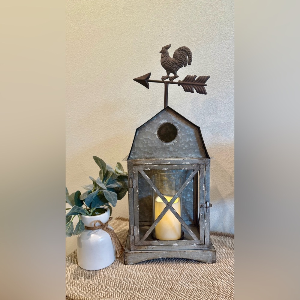 Rustic Lantern with Rooster Weathervane